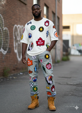 FOCUS Patches Tan Wash Blue Baggy Jeans