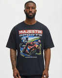 Man wearing a black t-shirt with 'Majestik Sports Worldtour' graphic on a white background