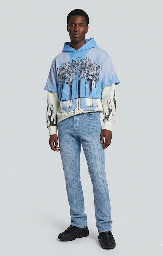 ice blue stacked jeans with bead studs,” “front view embellished stacked denim,” “men’s light wash stacked jeans with stud detailing