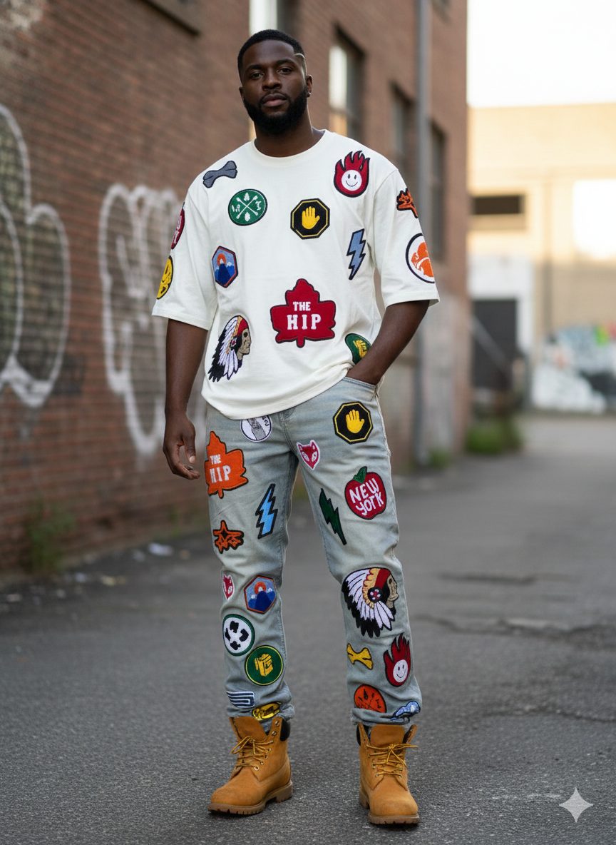 FOCUS Patches Tan Wash Blue Baggy Jeans