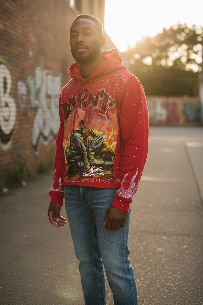 BKYS RED Rhinestone Burnt Hoodie