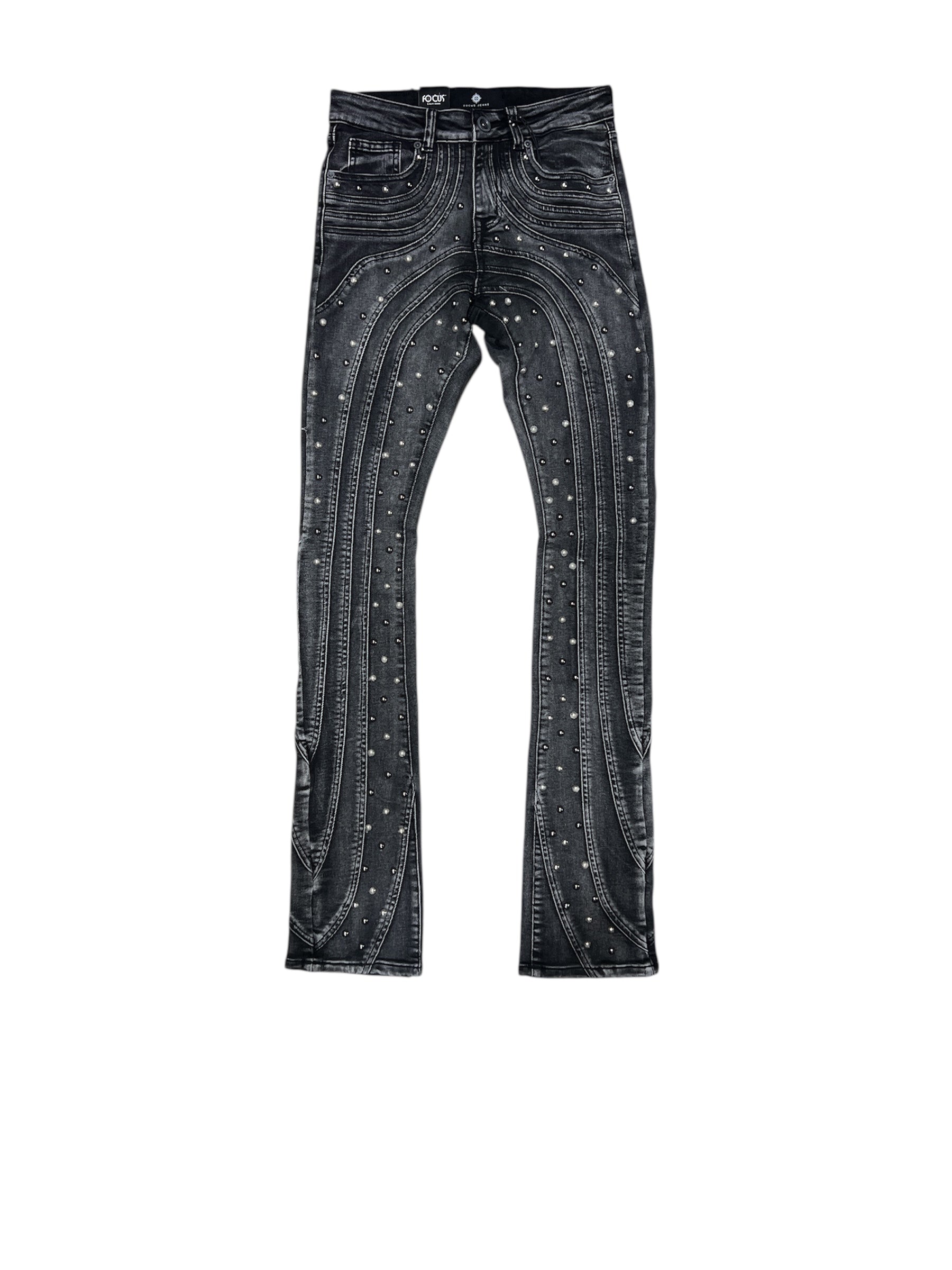 Focus Beaded Stacked Blk Wash Jeans