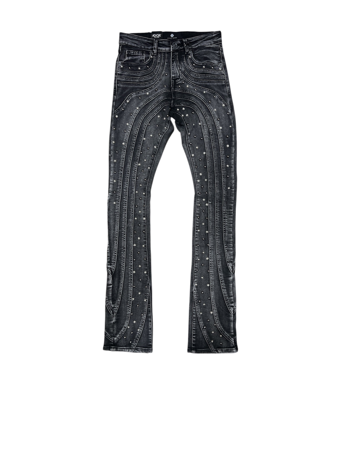 Focus Beaded Stacked Blk Wash Jeans